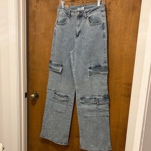 395. Nina Rossi Women's Glitter Speckled Cargo Jeans - Light Blue